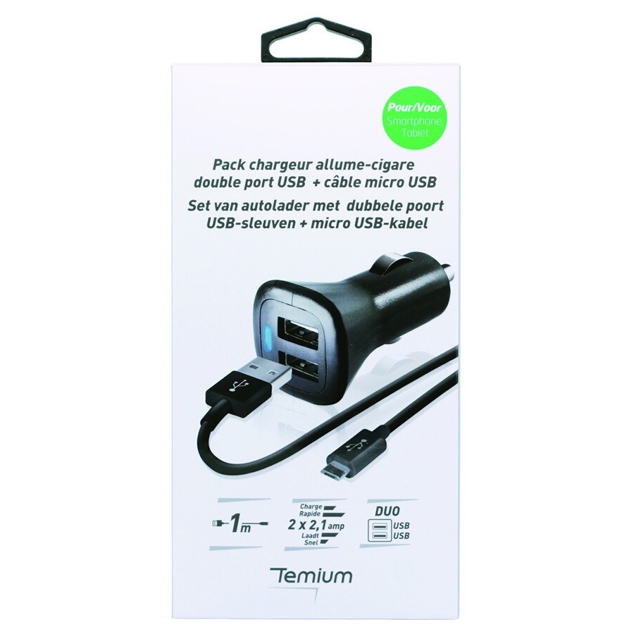 Temium CHARGEUR ALLUME CIGARE DOUBLE USB NOIR AVEC CABLE MICROUSB n°2