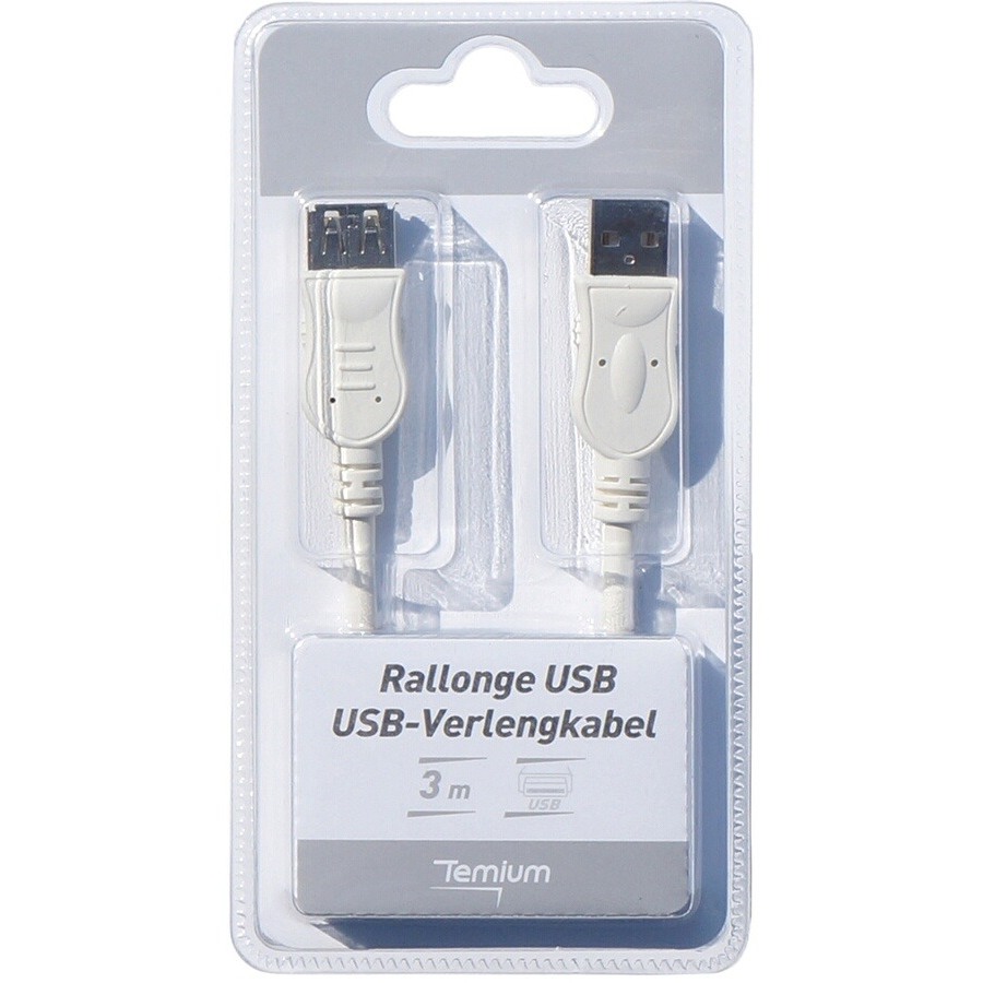 Temium Câble rallonge USB 2.0 3m Gris Blanc n°1