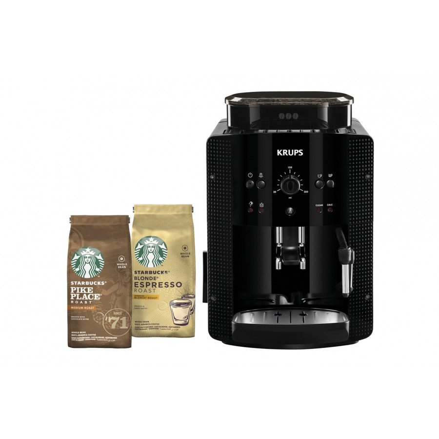 Krups ESSENTIAL Noire Expresso broyeur à café grains YY4540FD + 2 paquets café Starbucks n°1