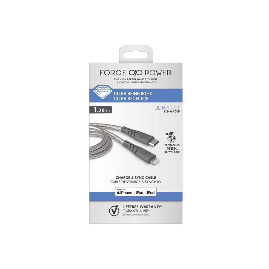 Force Power Câble renforcé Lightning MFI Type C 1.2m 3A Gris n°2