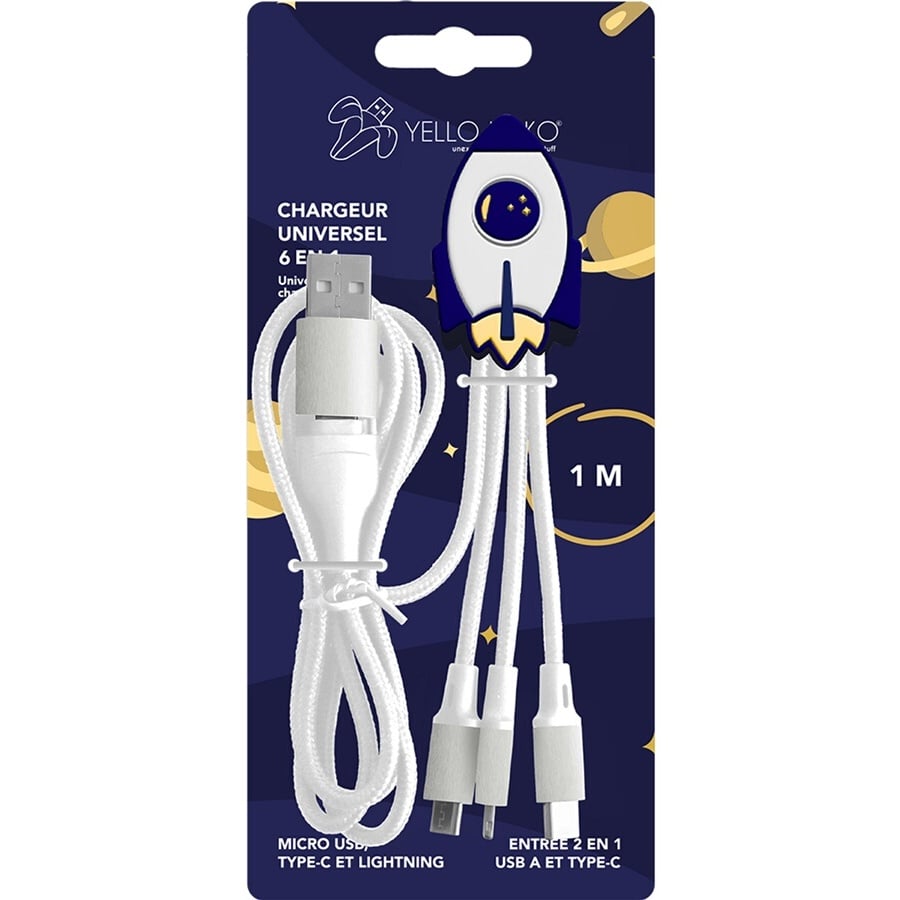 Yello Koko Cable Andy multi-connecteur USB-A vers USB-C/Micro/Light 15cm Fusee n°2