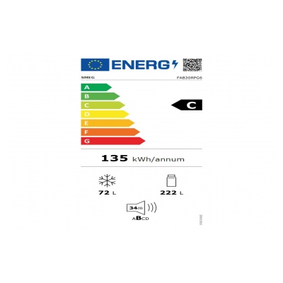Smeg Refrigerateur combine 2 portes  294 L dont 222 L refrigerateur 72 L congelateur ****  eclairage LED  Froid brasse refrigerateur et congelateur statique  compartiment fraîcheur 0 C  Bac a legumes  34 dB / B  classe energetique C