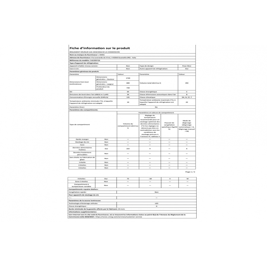 Smeg Refrigerateur combine 2 portes  294 L dont 222 L refrigerateur 72 L congelateur ****  eclairage LED  Froid brasse refrigerateur et congelateur statique  compartiment fraîcheur 0 C  Bac a legumes  34 dB / B  classe energetique C n°2